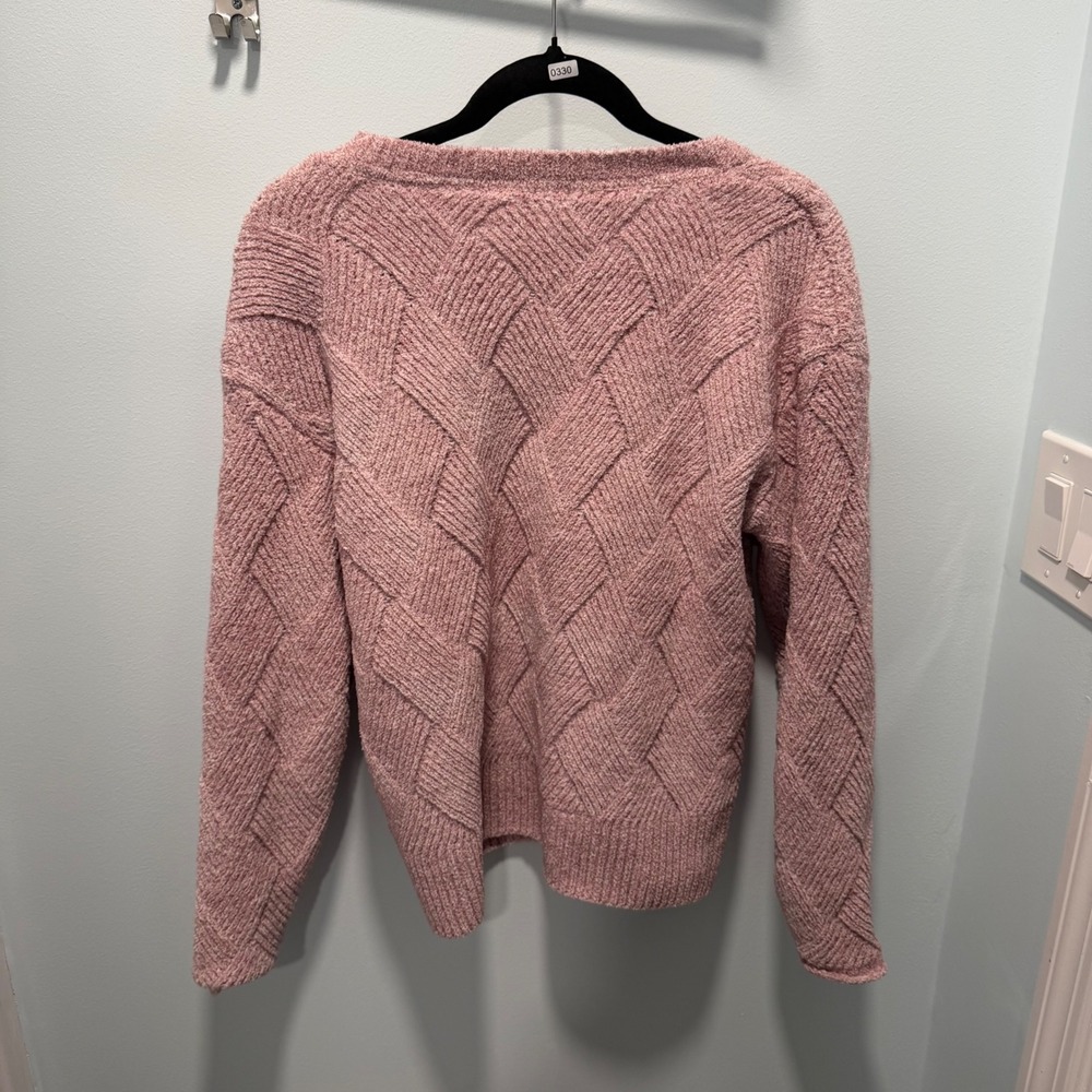 Bearpaw Chenille Basket Weave Knit Sweater Medium Pink Soft Crew Neck Pullover